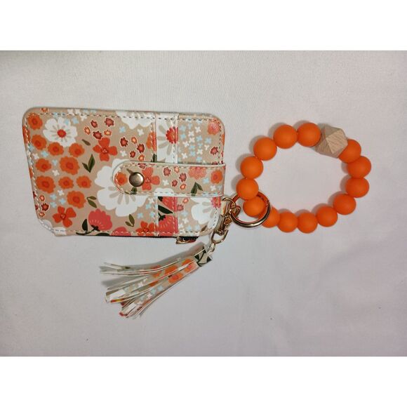 BOHO STYLE: Orange Tassel Wristlet Keychain with Wallet / Card Case for Women - Picture 1 of 3